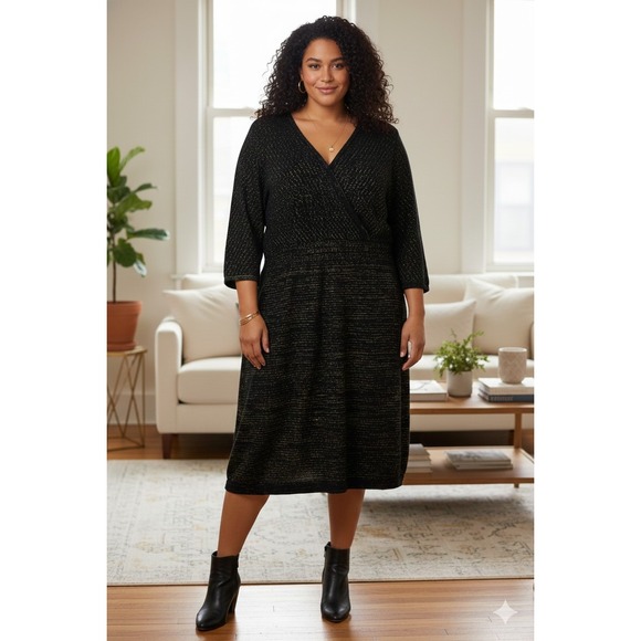 Lane Bryant Black Gold Metallic Faux Wrap Sweater Dress Soft Cotton Womens Sz 22 - Picture 2 of 10